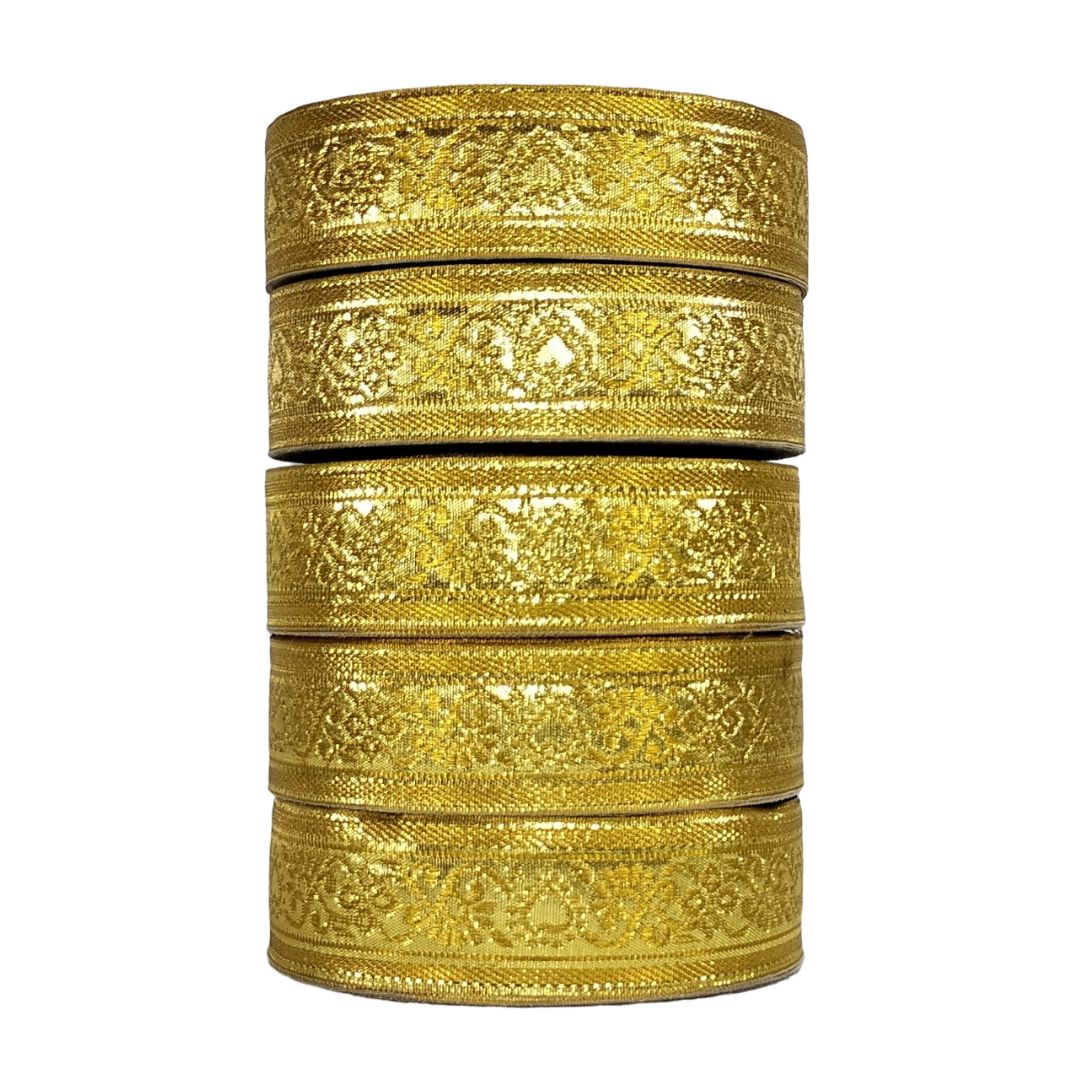 Stack of gold bangles with intricate designs on a white background